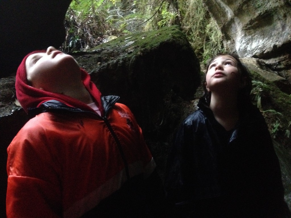 Looking at the cliff face above the cave