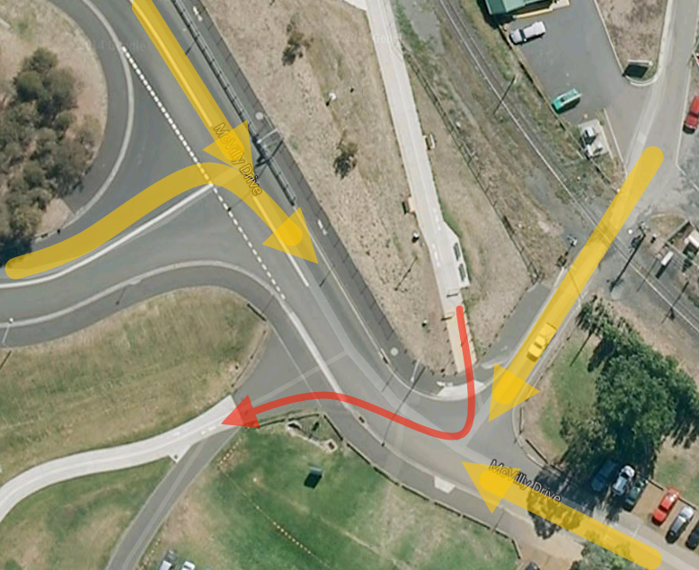 Traffic comes from four different directions as you exit the Intercity Cycleway