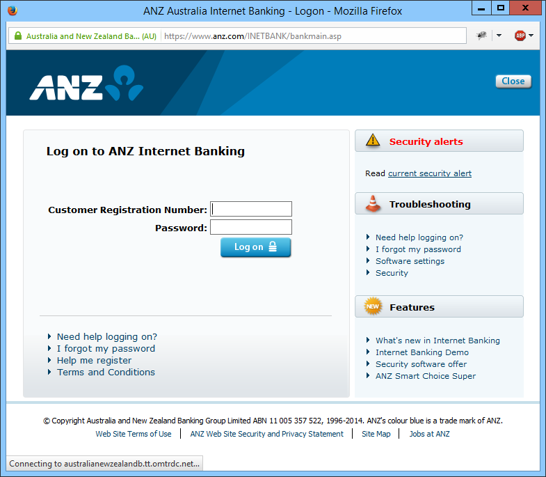 ANZ login delay - note the status message at the bottom of the window